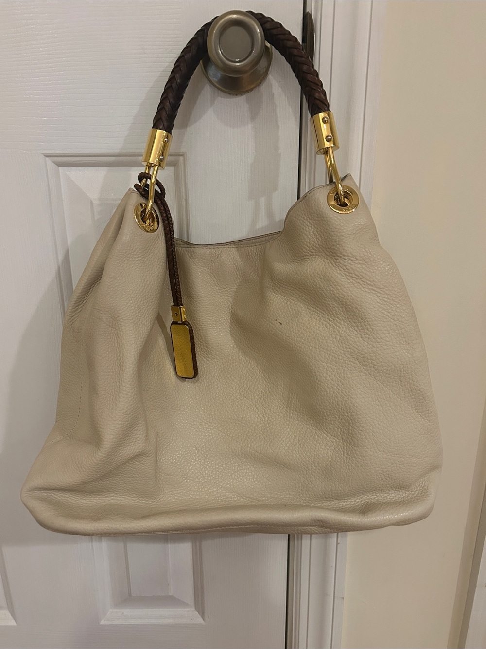 Michael kors Leather Hobo Tote Bag in Cream with Braided Brown Handle